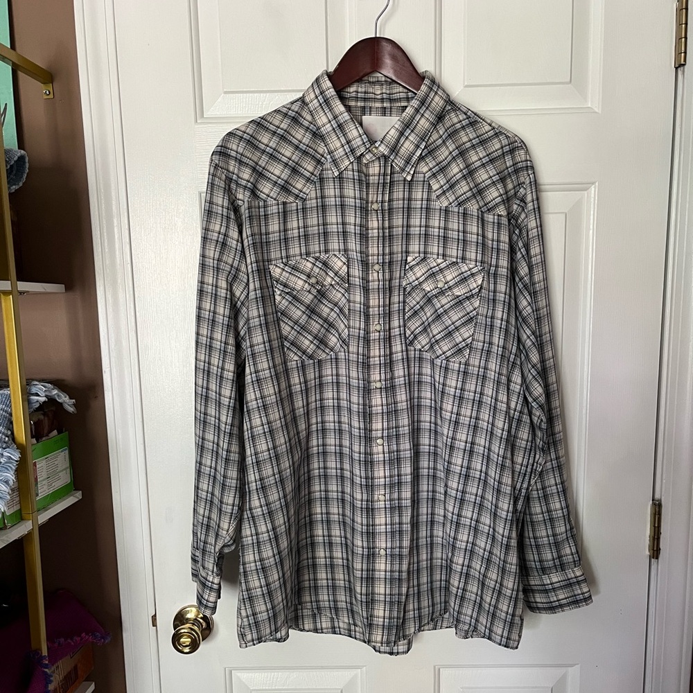 Vintage 1970s Plaid Pearl Snap Shirt Men's 2XLT Western Polyester Penney’s Long